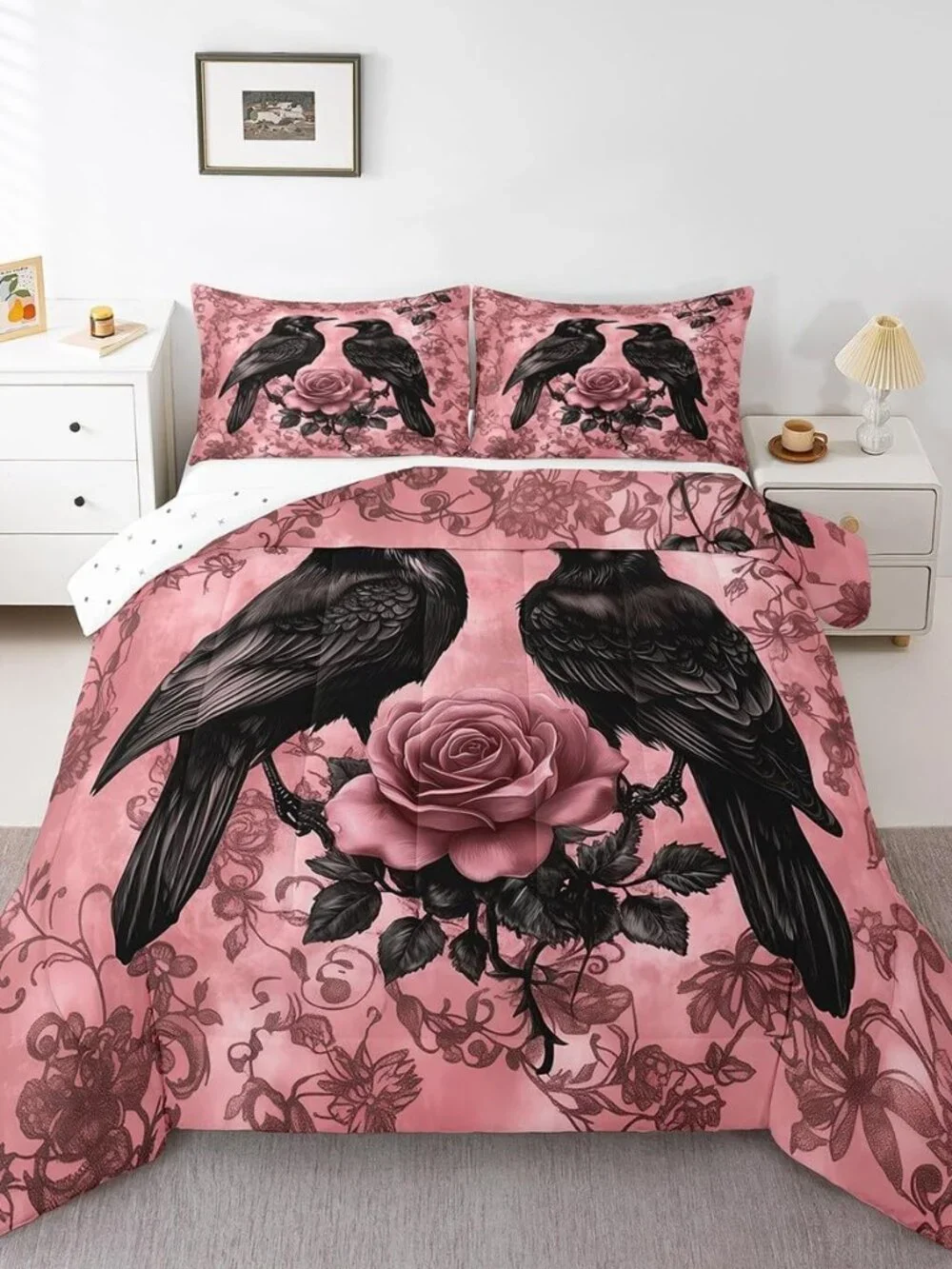 Crow Flowers Kids Comforter Queen,Vintage Country Wild Roses Bedding Set for Tee